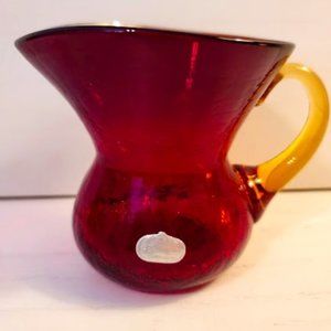 Vintage Rainbow Crackle Art Glass Amberina Wide Mouth Creamer Pitcher MCM